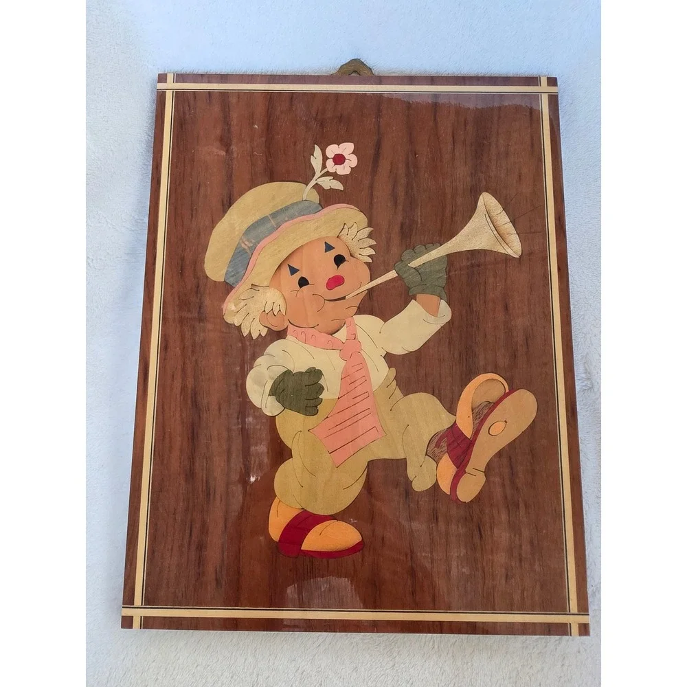 Vintage Italian Marquetry Wood Inlay Clown Wall Plaque Sorrento Style Art 10x8